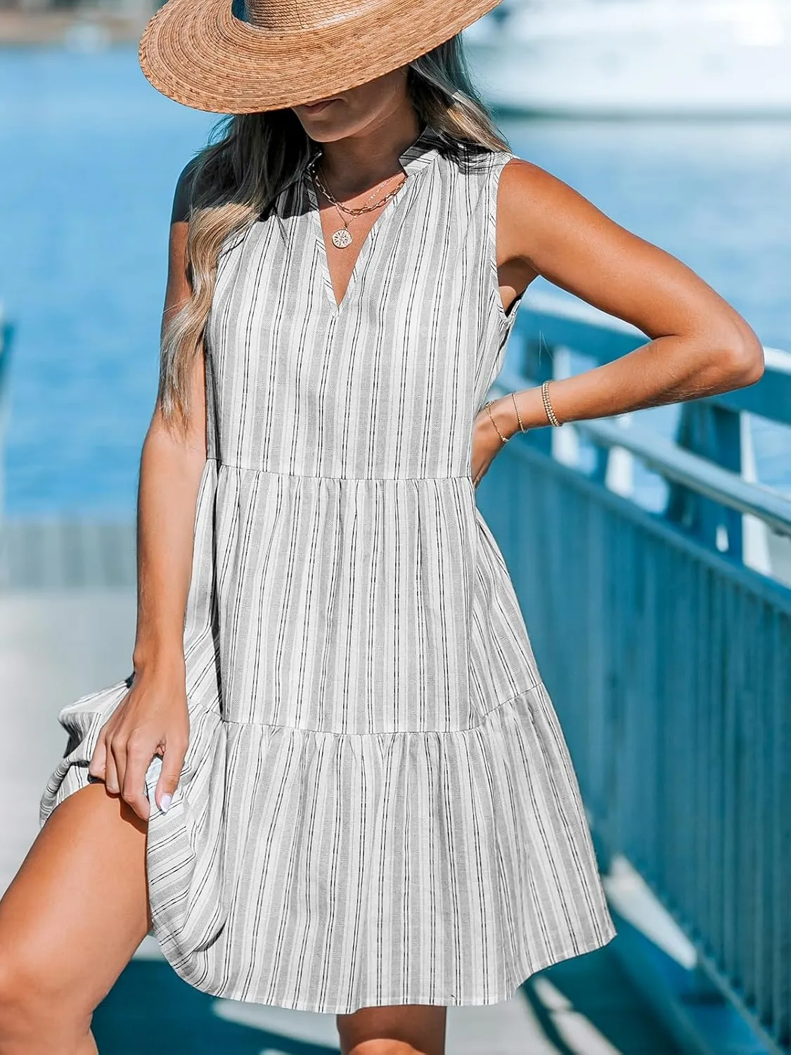 CUPSHE Women's Ruffle Beach Mini Dress Split V Neck A Line Sleeveless Geometric Stripe Tropical Leaf Pattern Summer Dresses