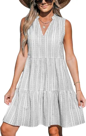 CUPSHE Women's Ruffle Beach Mini Dress Split V Neck A Line Sleeveless Geometric Stripe Tropical Leaf Pattern Summer Dresses
