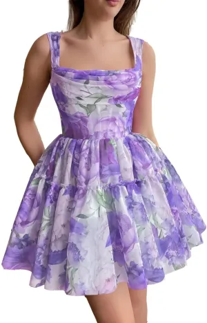 Cute Tulle Floral Print Dress Prom Evening Gown Mini Flower Sundresses Homecoming Flowy Sundresses for Women Girl