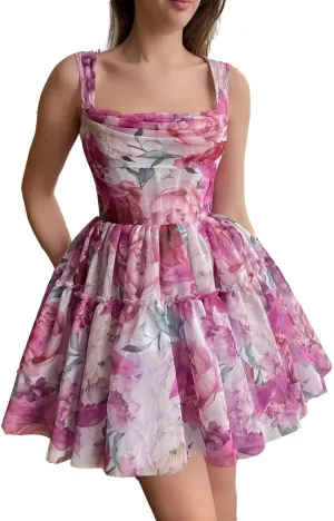Cute Tulle Floral Print Dress Prom Evening Gown Mini Flower Sundresses Homecoming Flowy Sundresses for Women Girl