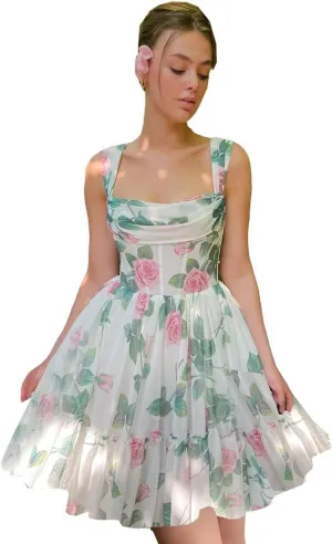 Cute Tulle Floral Print Dress Prom Evening Gown Mini Flower Sundresses Homecoming Flowy Sundresses for Women Girl
