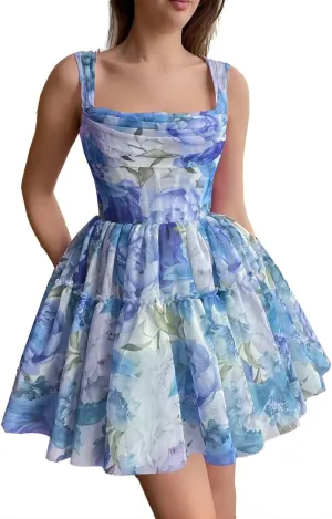 Cute Tulle Floral Print Dress Prom Evening Gown Mini Flower Sundresses Homecoming Flowy Sundresses for Women Girl