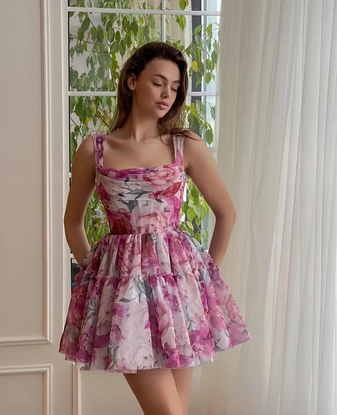 Cute Tulle Floral Print Dress Prom Evening Gown Mini Flower Sundresses Homecoming Flowy Sundresses for Women Girl