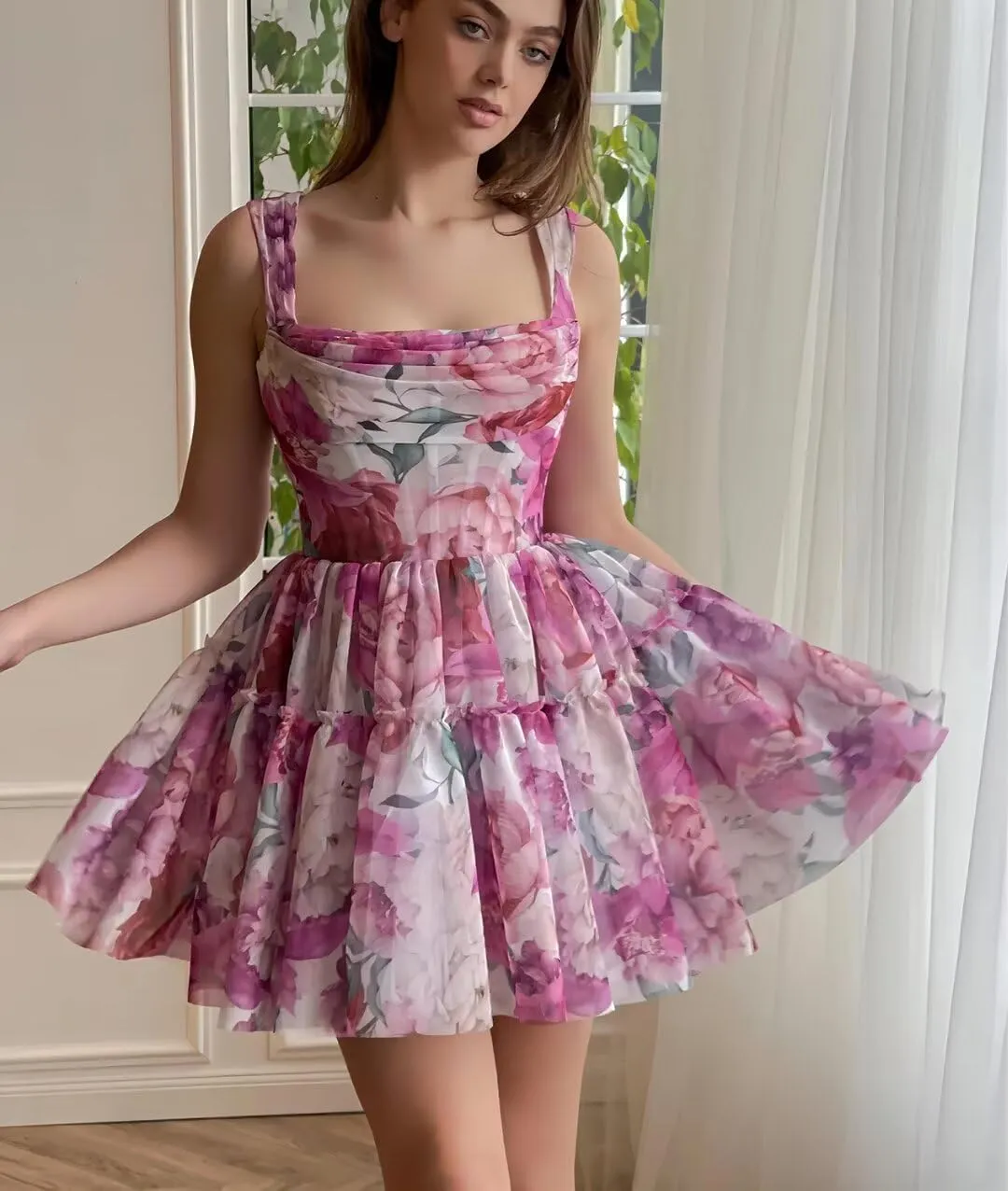 Cute Tulle Floral Print Dress Prom Evening Gown Mini Flower Sundresses Homecoming Flowy Sundresses for Women Girl