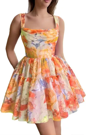 Cute Tulle Floral Print Dress Prom Evening Gown Mini Flower Sundresses Homecoming Flowy Sundresses for Women Girl