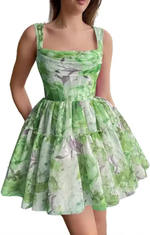 Cute Tulle Floral Print Dress Prom Evening Gown Mini Flower Sundresses Homecoming Flowy Sundresses for Women Girl