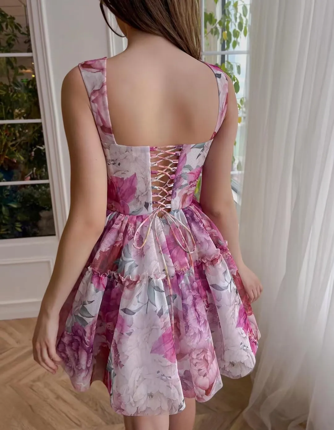 Cute Tulle Floral Print Dress Prom Evening Gown Mini Flower Sundresses Homecoming Flowy Sundresses for Women Girl