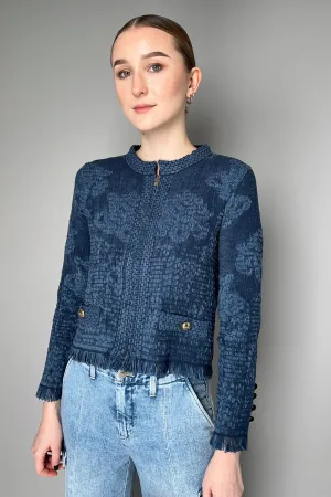 D. EXTERIOR EMBOSSED KNIT JACKET WITH FRINGES IN DARK BLUE