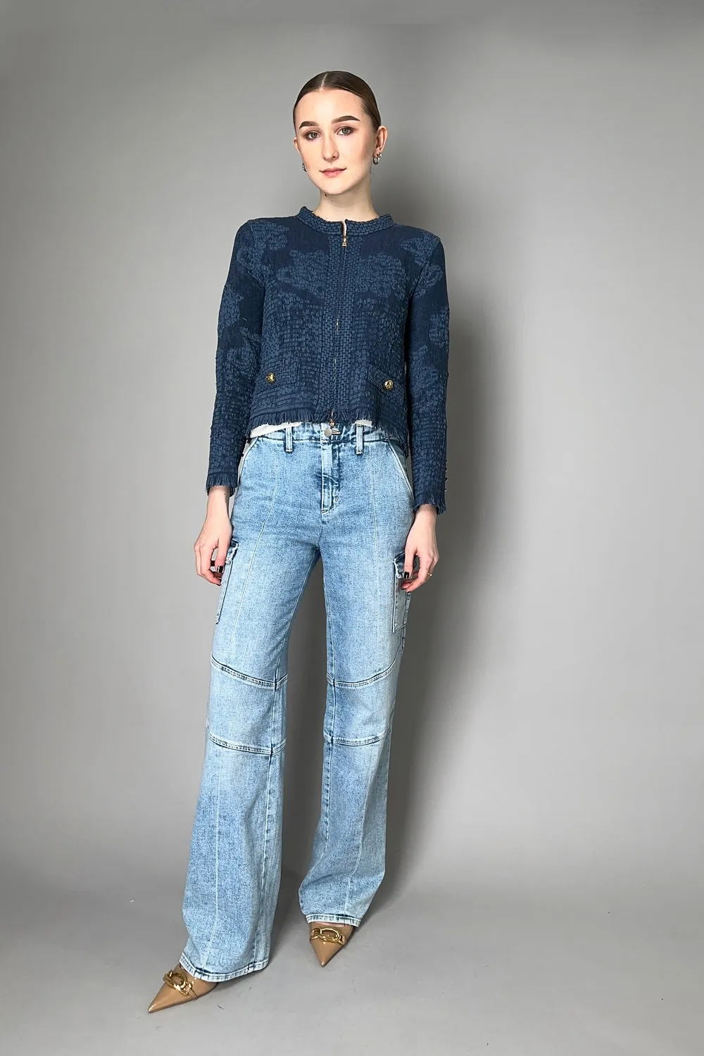 D. EXTERIOR EMBOSSED KNIT JACKET WITH FRINGES IN DARK BLUE