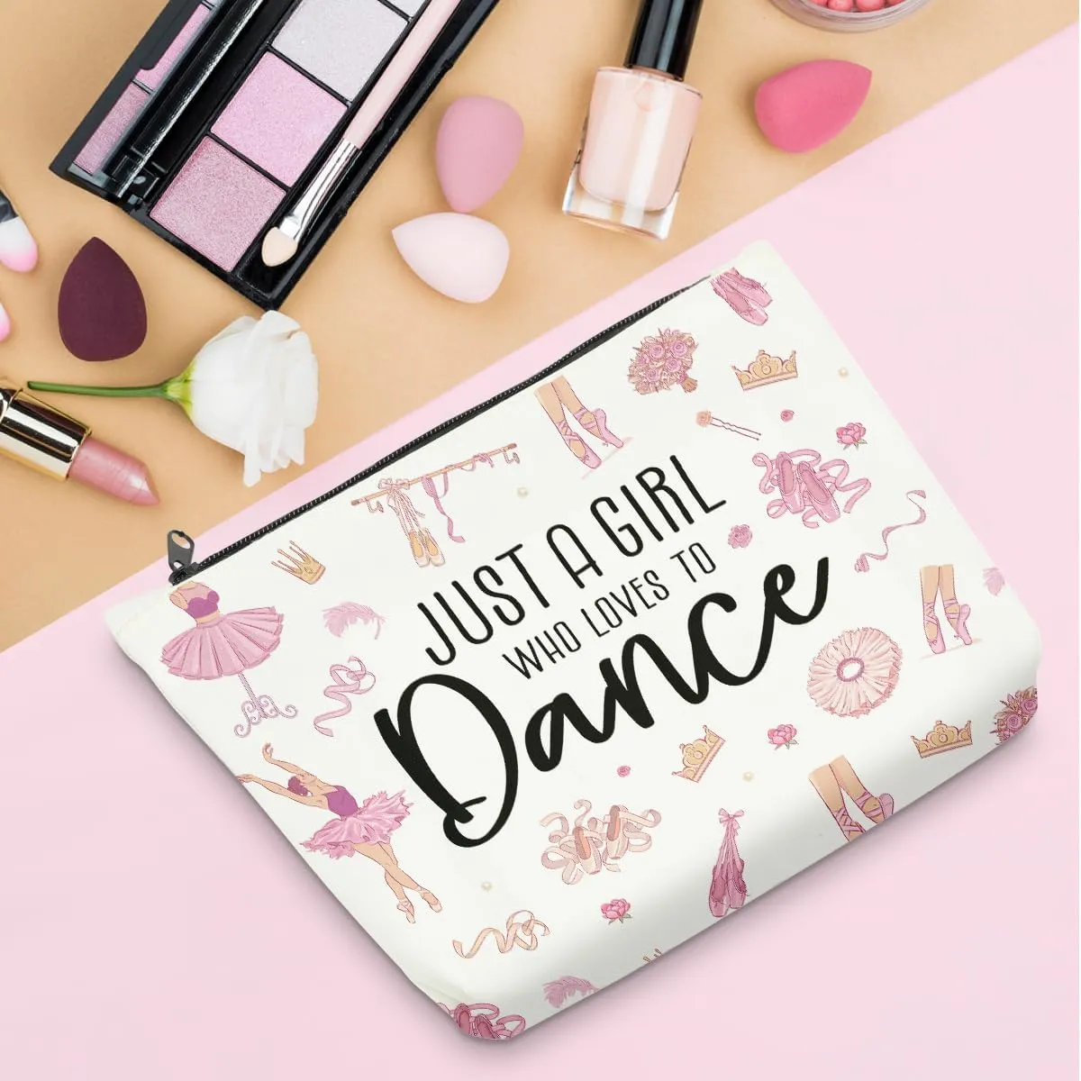 Dance Makeup Bag, Fun Dancer Gifts, Cosmetic Bags for Dancers, Travel Pouch, Pink, Zipper Closure