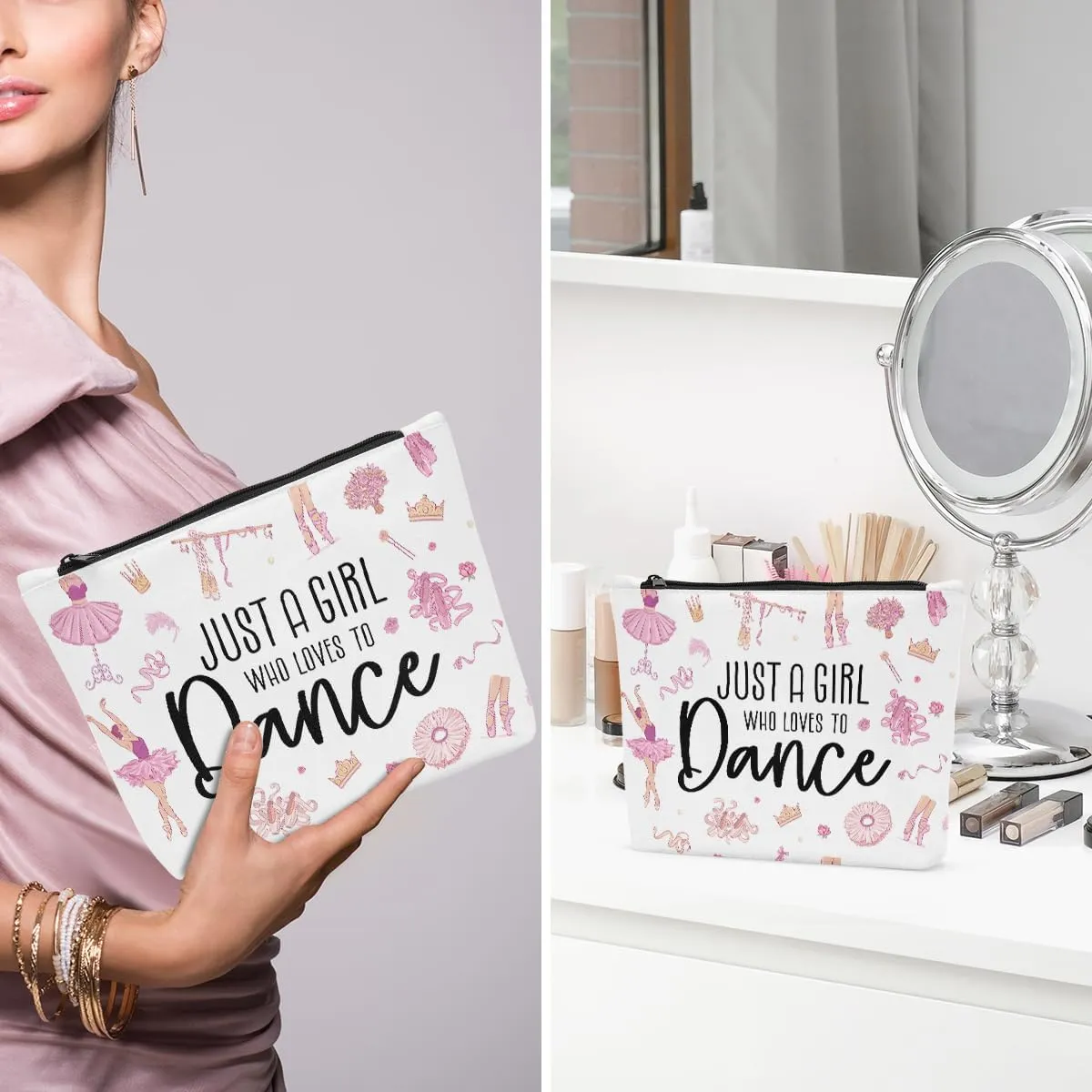 Dance Makeup Bag, Fun Dancer Gifts, Cosmetic Bags for Dancers, Travel Pouch, Pink, Zipper Closure