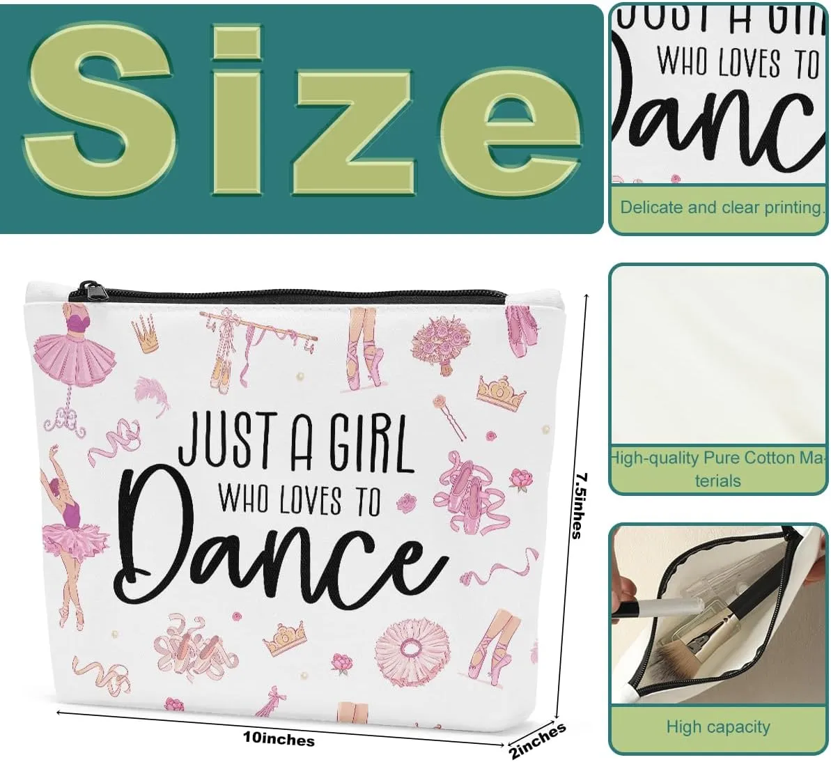 Dance Makeup Bag, Fun Dancer Gifts, Cosmetic Bags for Dancers, Travel Pouch, Pink, Zipper Closure