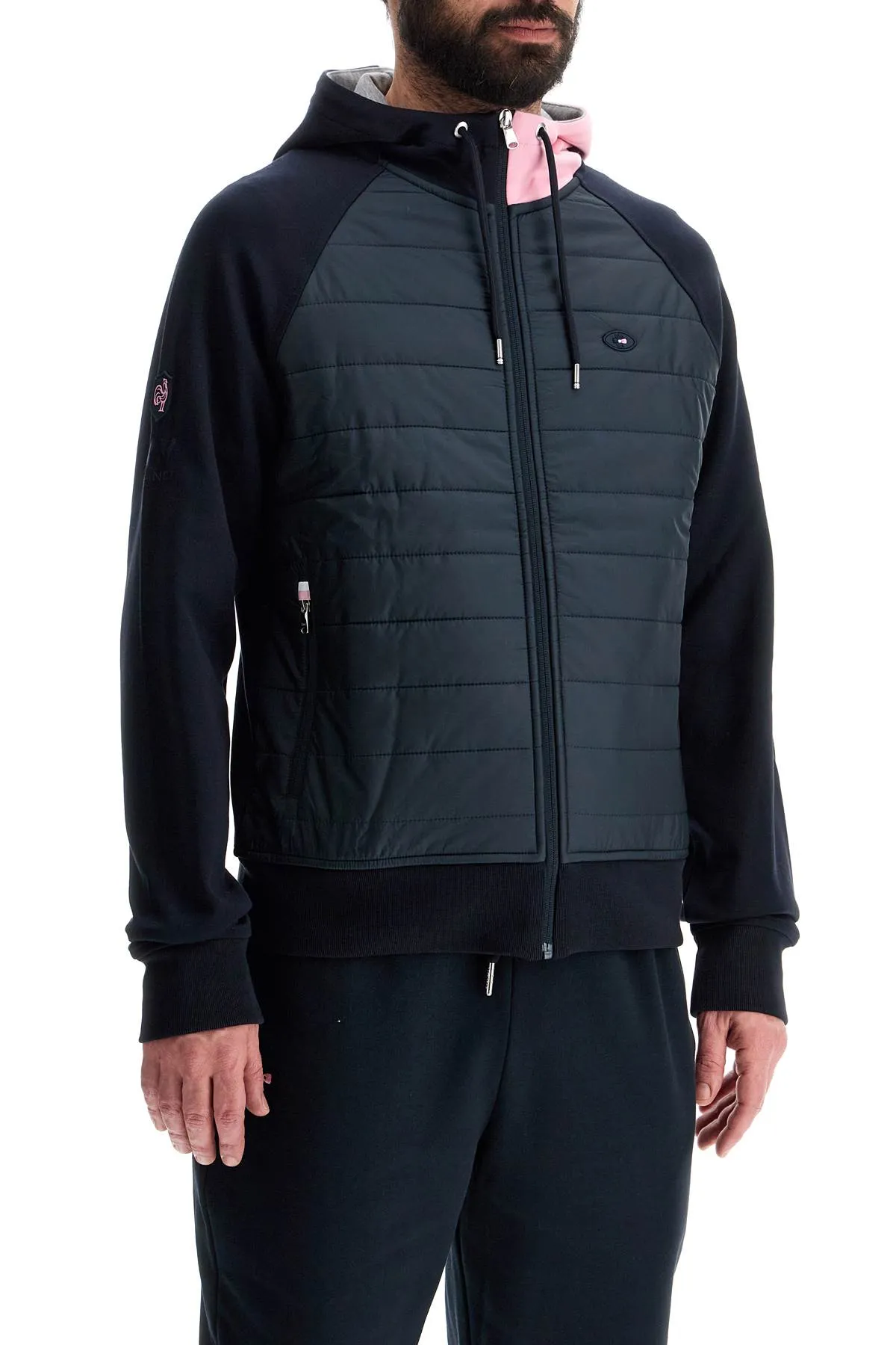 dark blue hoodie with zip, pink and gray hood H24MAISW0061 MARINE EP