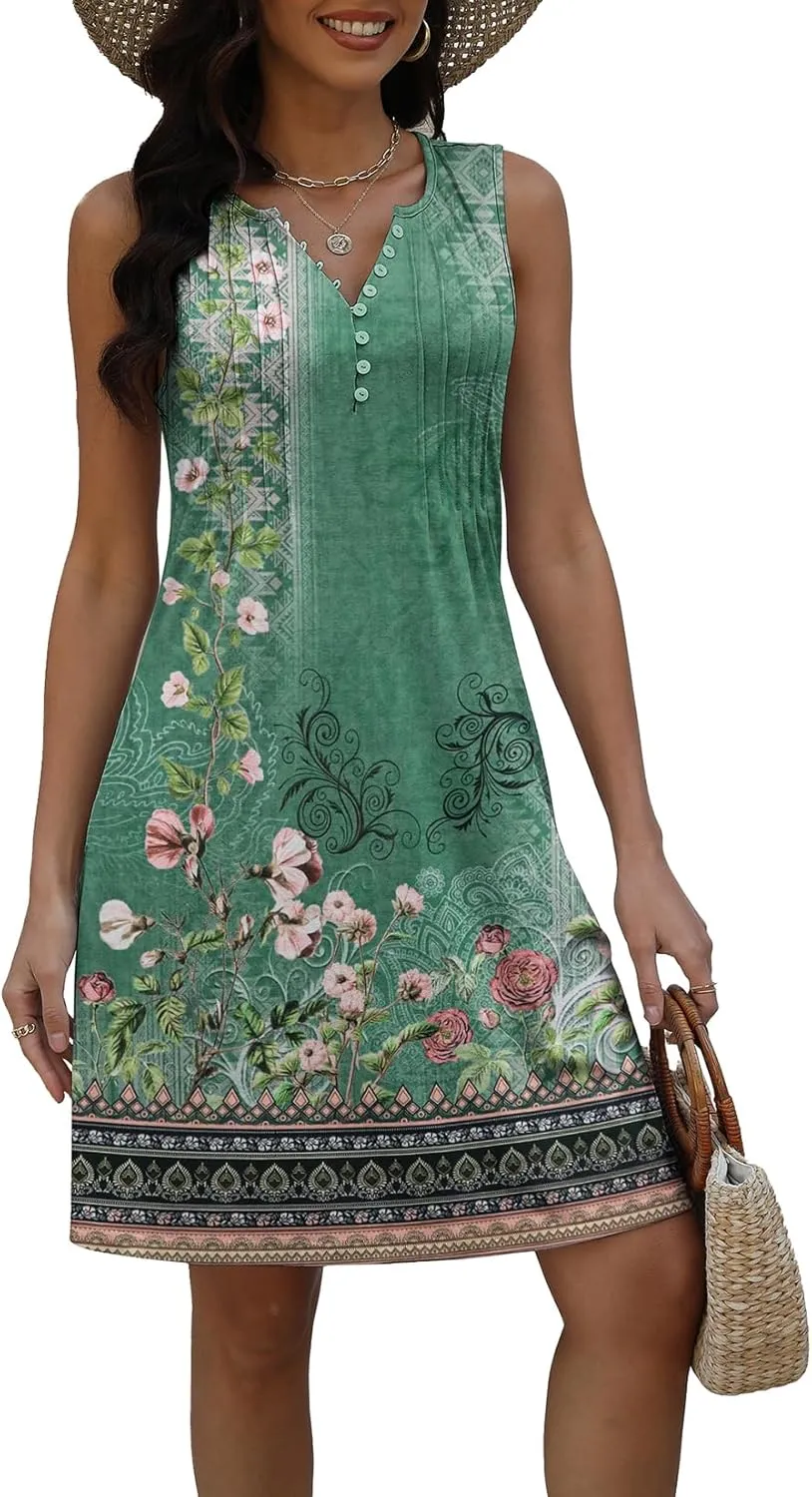 Disamer Beach Dresses for Women 2025 Vacation Swim Cover up V-Neck Summer Dress Button Down Sleeveless Boho Floral Sundress
