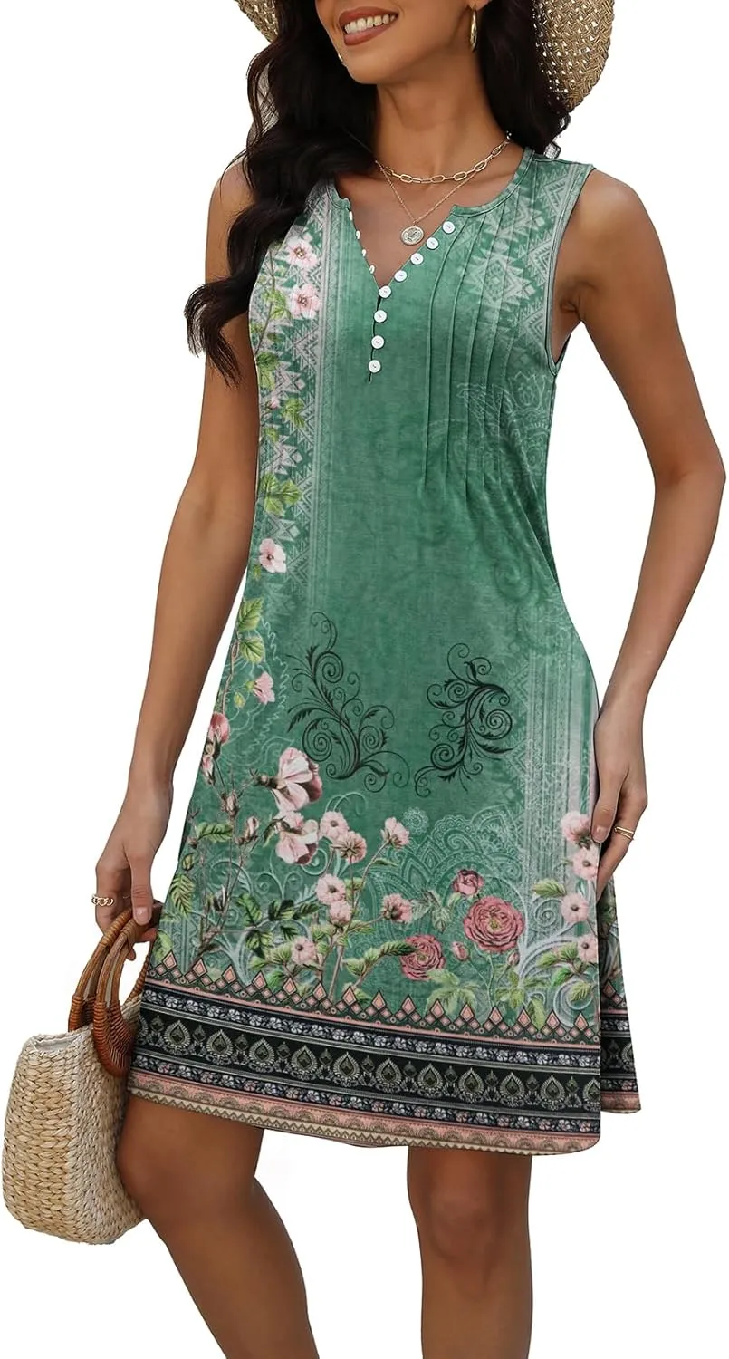 Disamer Beach Dresses for Women 2025 Vacation Swim Cover up V-Neck Summer Dress Button Down Sleeveless Boho Floral Sundress