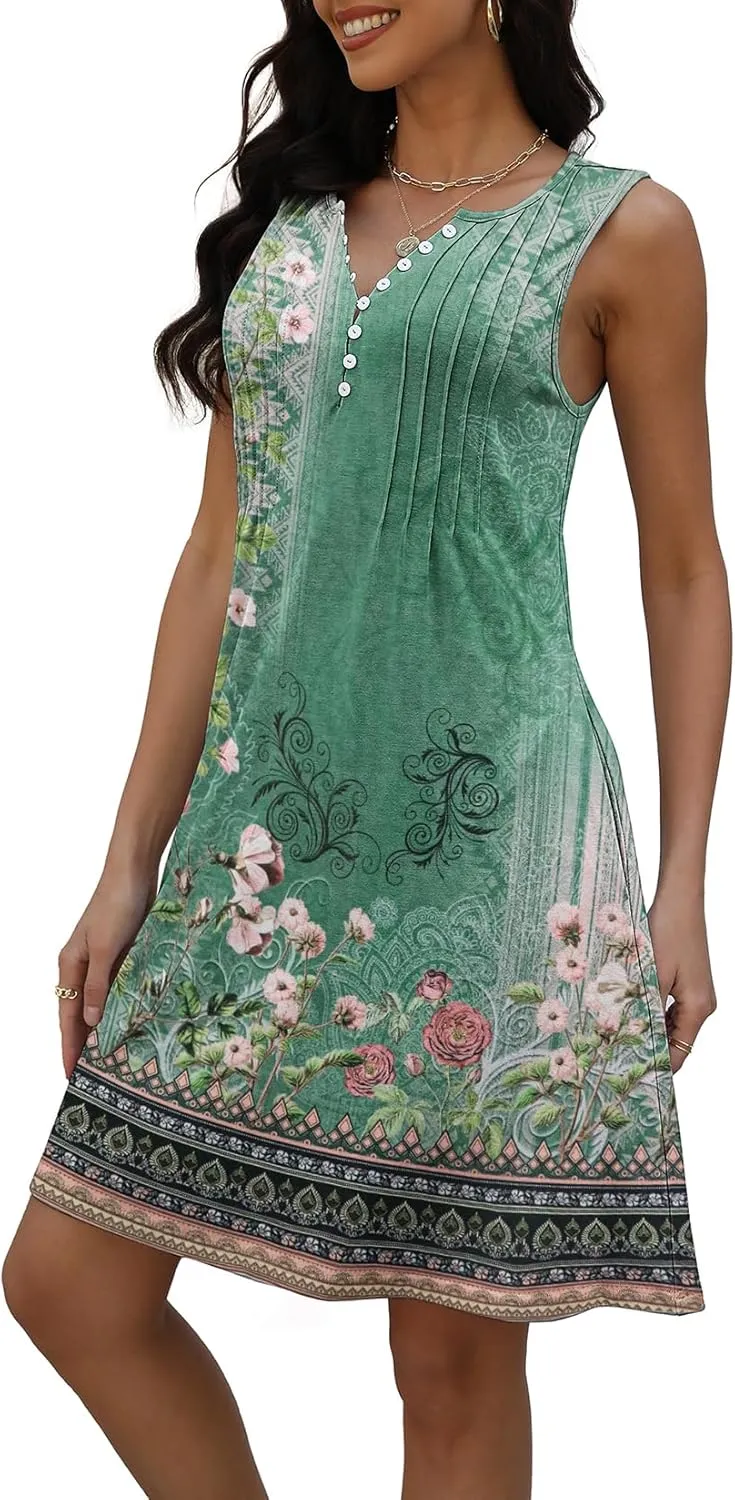 Disamer Beach Dresses for Women 2025 Vacation Swim Cover up V-Neck Summer Dress Button Down Sleeveless Boho Floral Sundress