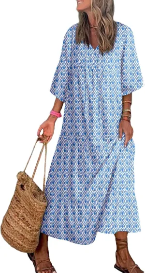 Dokotoo Women Boho Maxi Dresses 2025 V Neck Long Puff Sleeve Smocked Ruffle Flowy Casual Dress