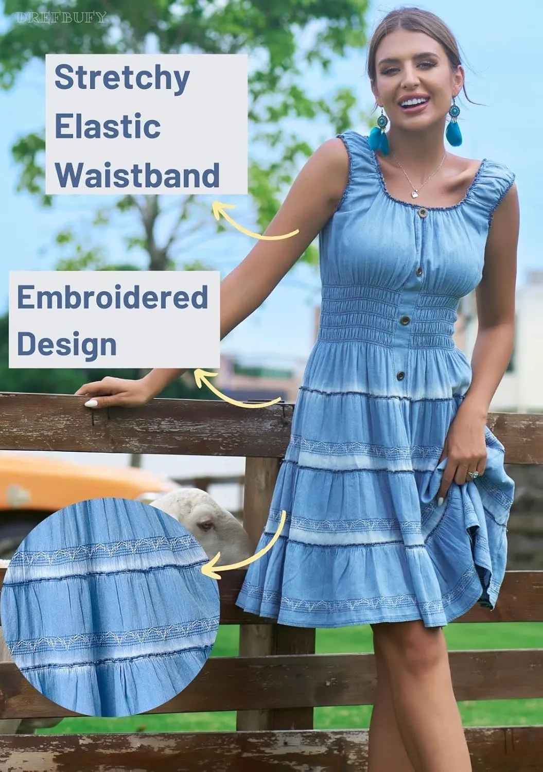 DREFBUFY Women's Maxi Dress Sleeveless Denim Long Summer A-line Casual Blue Cotton Boho Flowy Sundresses for Women