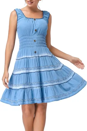 DREFBUFY Women's Maxi Dress Sleeveless Denim Long Summer A-line Casual Blue Cotton Boho Flowy Sundresses for Women