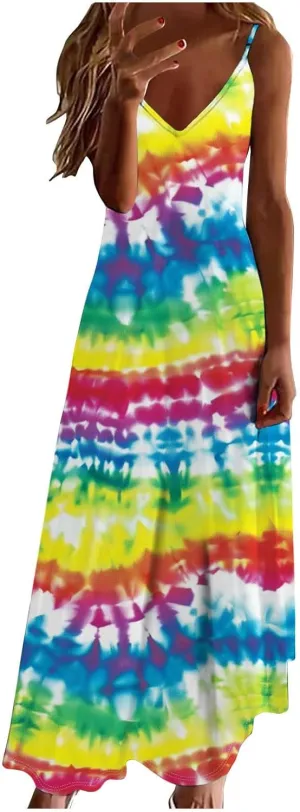 Dresses for Women 2024 Casual Spring, Sleeveless Casual V Neck Ruffle Dresses, Lightweight Floral Boho Dress