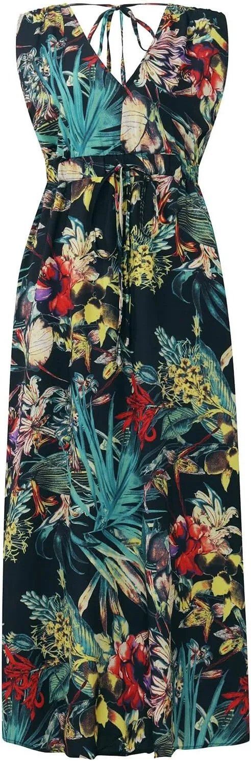 Dresses for Women 2024 Summer Casual Print Bandage Elastic Waist V-Neck Sleeveless Pullover Dress