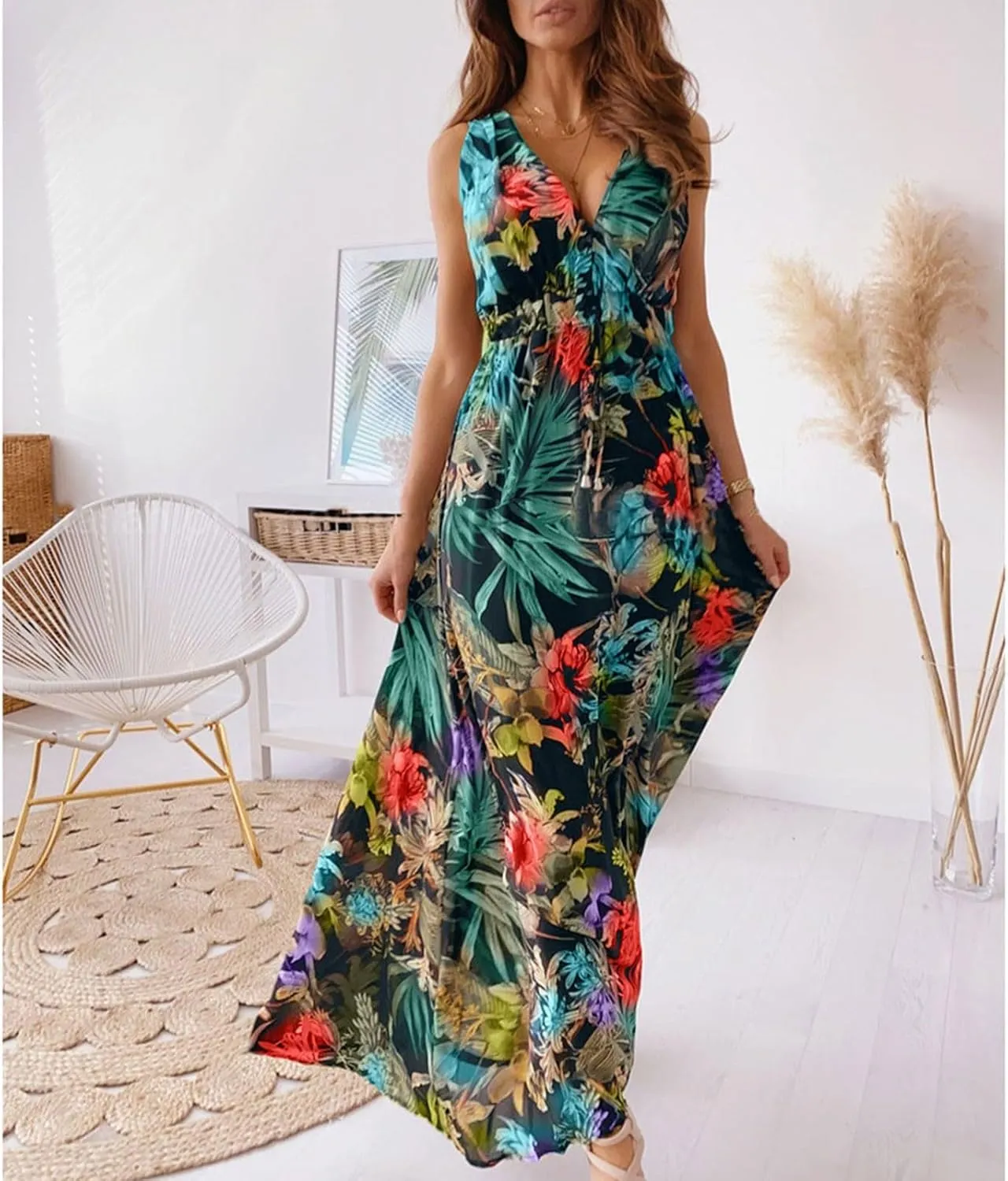 Dresses for Women 2024 Summer Casual Print Bandage Elastic Waist V-Neck Sleeveless Pullover Dress