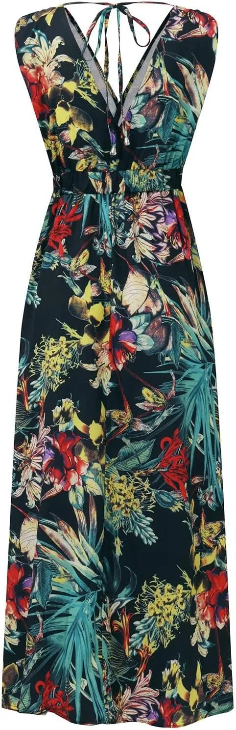 Dresses for Women 2024 Summer Casual Print Bandage Elastic Waist V-Neck Sleeveless Pullover Dress