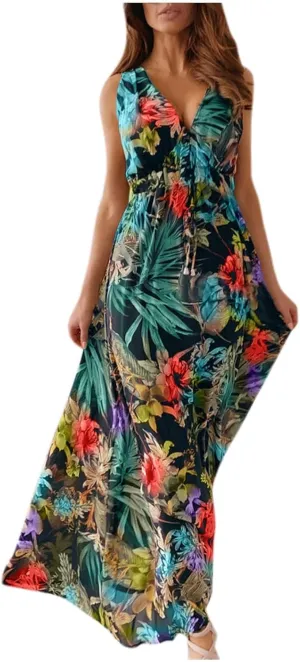 Dresses for Women 2024 Summer Casual Print Bandage Elastic Waist V-Neck Sleeveless Pullover Dress