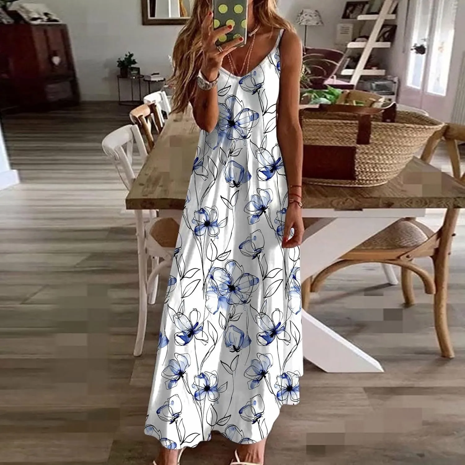 Dresses for Women 2025 Summer Vacation Casual Plus Size Maxi Dress Trendy Flowy Beach Long Spaghetti Strap Sundress