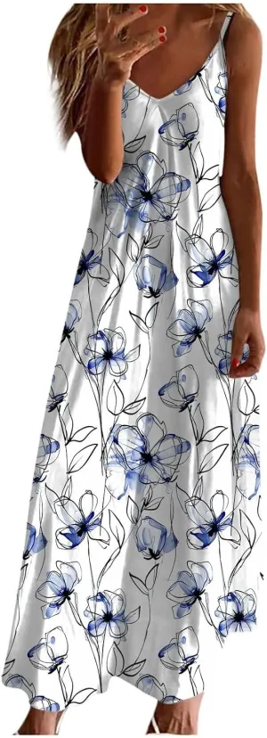 Dresses for Women 2025 Summer Vacation Casual Plus Size Maxi Dress Trendy Flowy Beach Long Spaghetti Strap Sundress