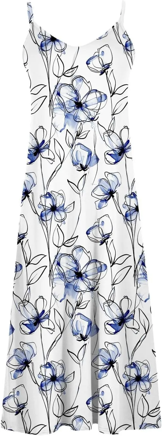 Dresses for Women 2025 Summer Vacation Casual Plus Size Maxi Dress Trendy Flowy Beach Long Spaghetti Strap Sundress
