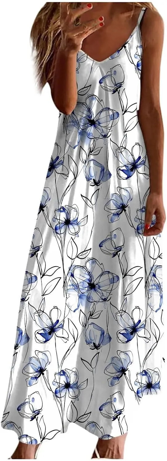 Dresses for Women 2025 Summer Vacation Casual Plus Size Maxi Dress Trendy Flowy Beach Long Spaghetti Strap Sundress