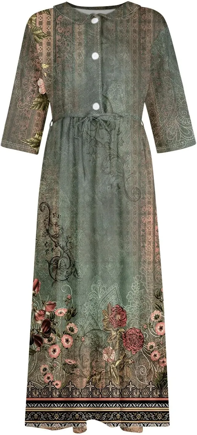 Dresses for Women Summer Floral Long Dress Trendy 3/4 Sleeve Wrap Flowy Beach Dress A Line Boho Vacation Dresses