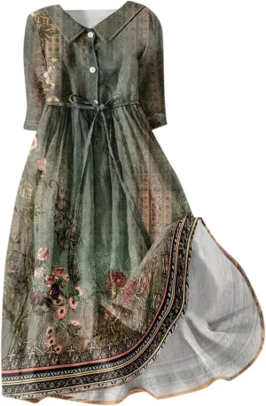 Dresses for Women Summer Floral Long Dress Trendy 3/4 Sleeve Wrap Flowy Beach Dress A Line Boho Vacation Dresses