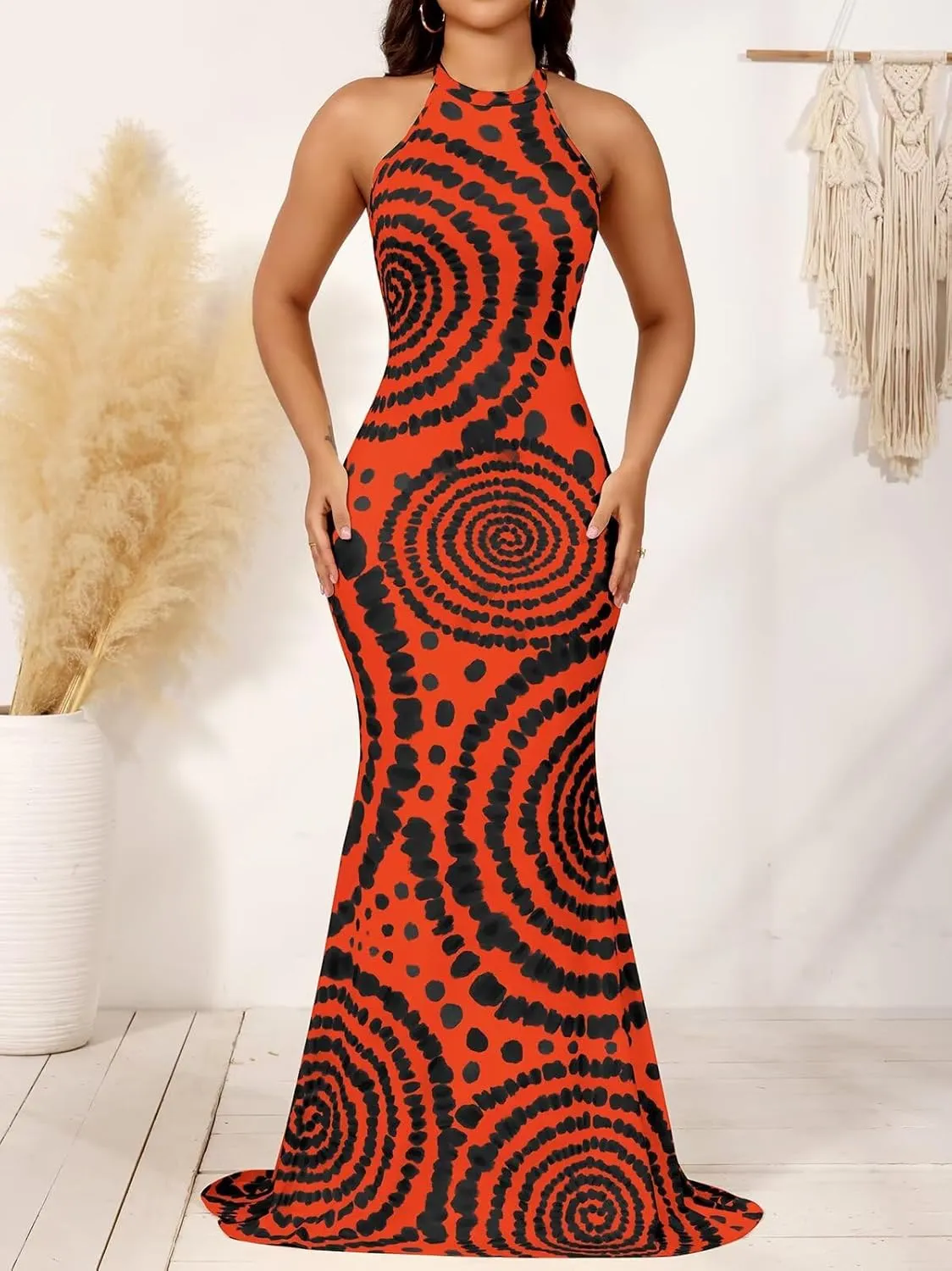 EDITCOZY Women Sexy Bodycon Maxi Dress Tie Dye Beach Summer Dresses Halter Backless Vacation Long Sundress