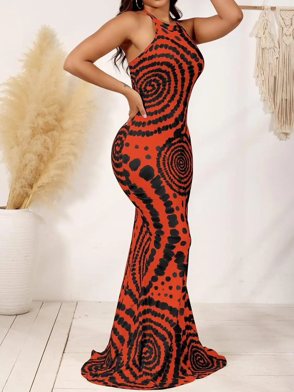 EDITCOZY Women Sexy Bodycon Maxi Dress Tie Dye Beach Summer Dresses Halter Backless Vacation Long Sundress