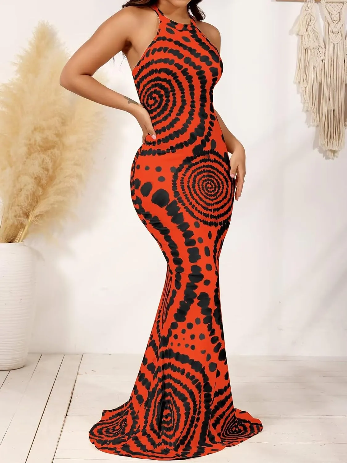 EDITCOZY Women Sexy Bodycon Maxi Dress Tie Dye Beach Summer Dresses Halter Backless Vacation Long Sundress