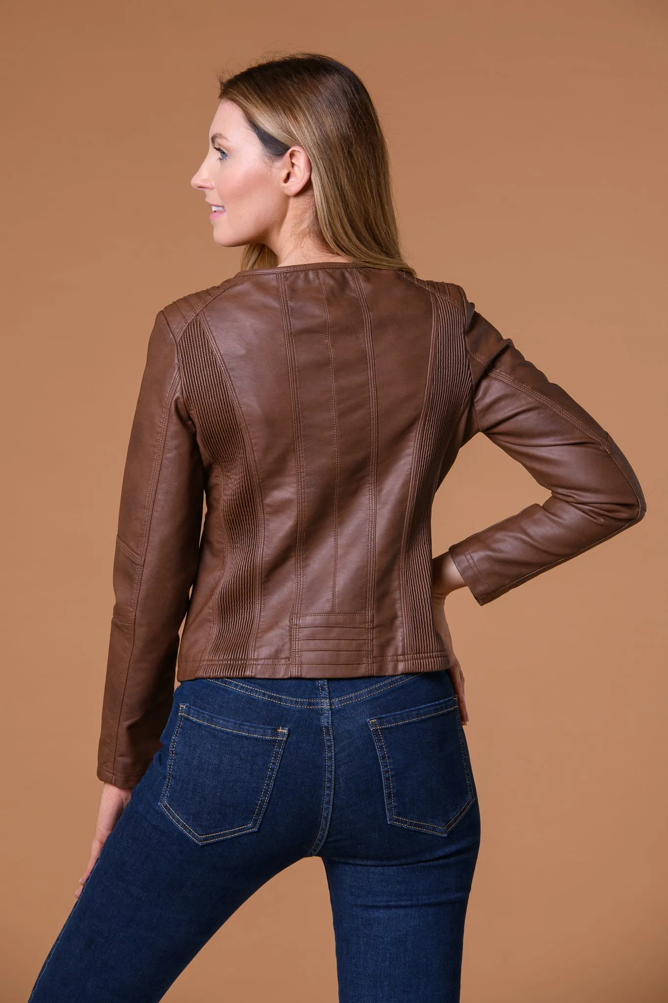 Elastic Panel Leather Jacket-Tan
