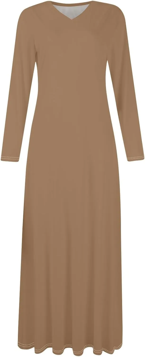 Elegant Women's Long Sleeve V-Neck Maxi Dress, Casual Loose Fit, Soft Red Fabric, Perfect for Summer Outfits