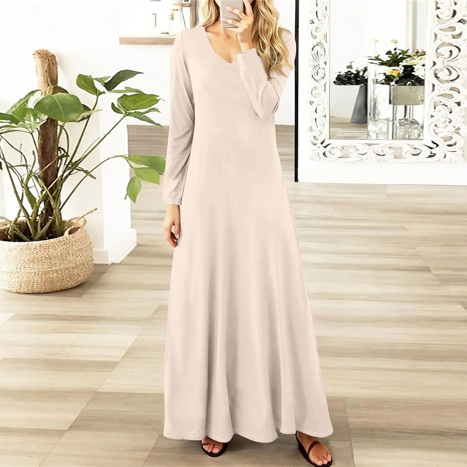 Elegant Women's Long Sleeve V-Neck Maxi Dress, Casual Loose Fit, Soft Red Fabric, Perfect for Summer Outfits