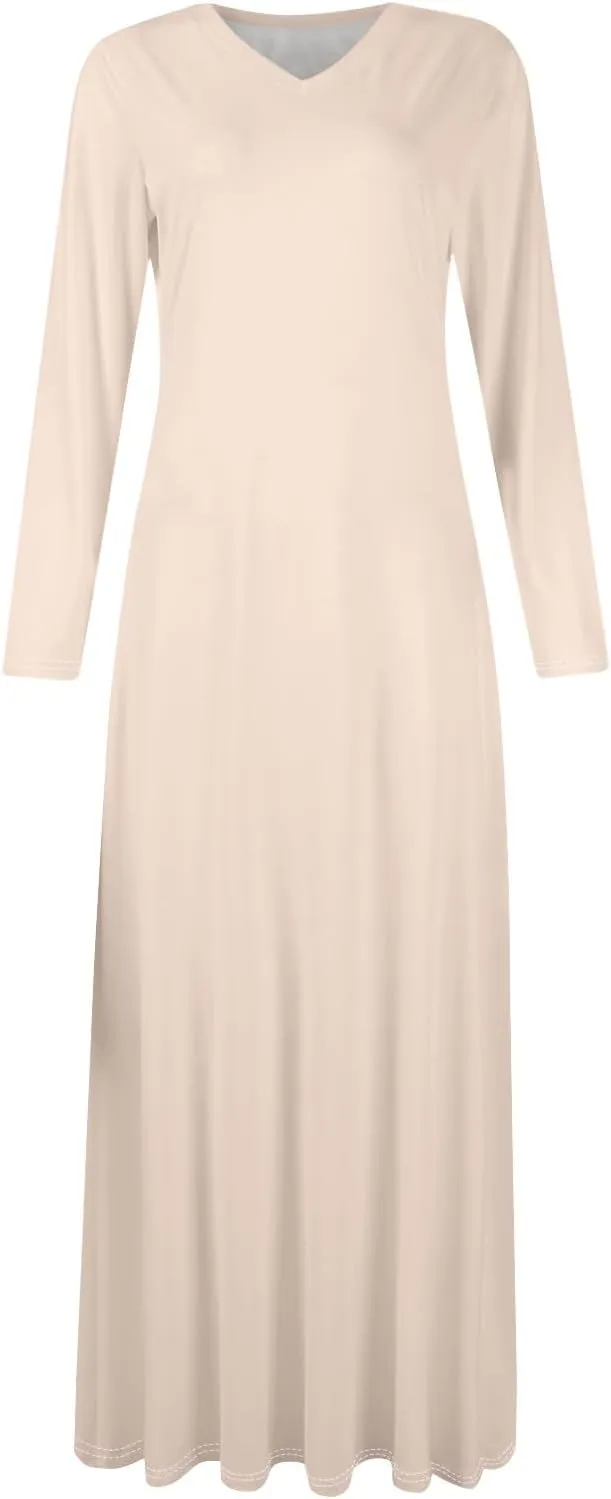 Elegant Women's Long Sleeve V-Neck Maxi Dress, Casual Loose Fit, Soft Red Fabric, Perfect for Summer Outfits