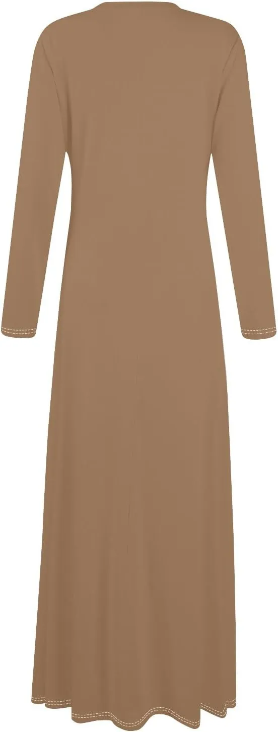 Elegant Women's Long Sleeve V-Neck Maxi Dress, Casual Loose Fit, Soft Red Fabric, Perfect for Summer Outfits