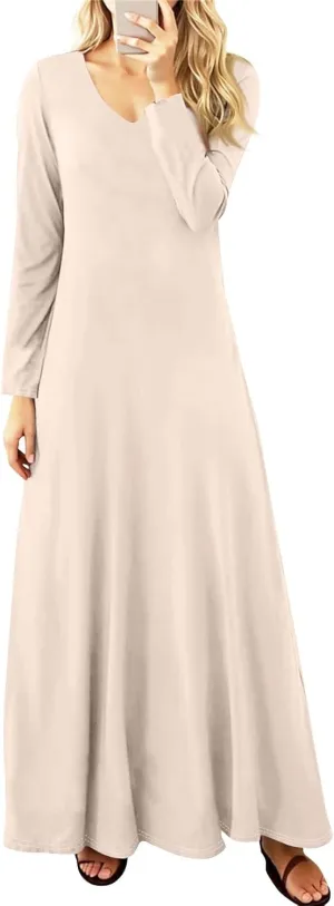 Elegant Women's Long Sleeve V-Neck Maxi Dress, Casual Loose Fit, Soft Red Fabric, Perfect for Summer Outfits