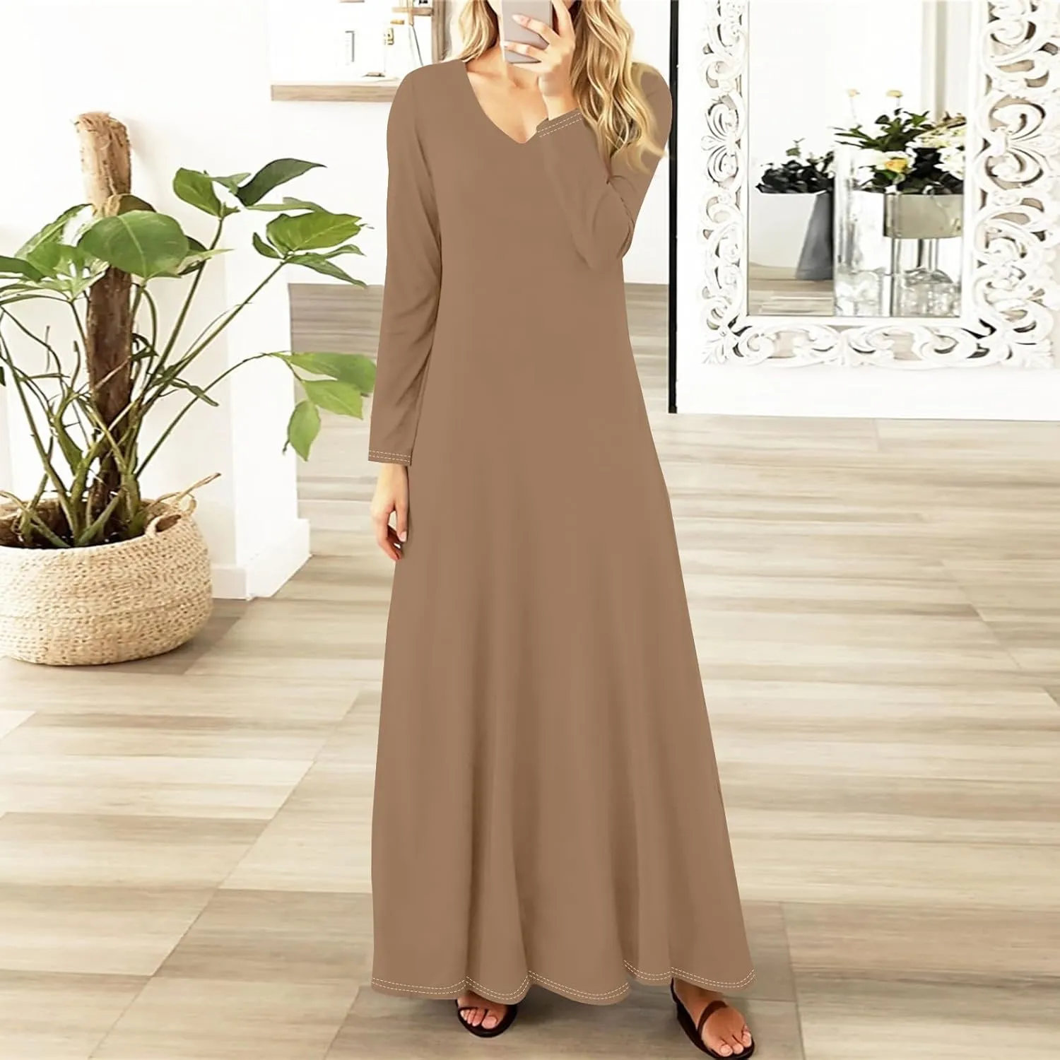 Elegant Women's Long Sleeve V-Neck Maxi Dress, Casual Loose Fit, Soft Red Fabric, Perfect for Summer Outfits