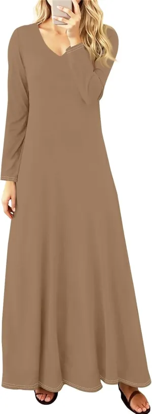 Elegant Women's Long Sleeve V-Neck Maxi Dress, Casual Loose Fit, Soft Red Fabric, Perfect for Summer Outfits