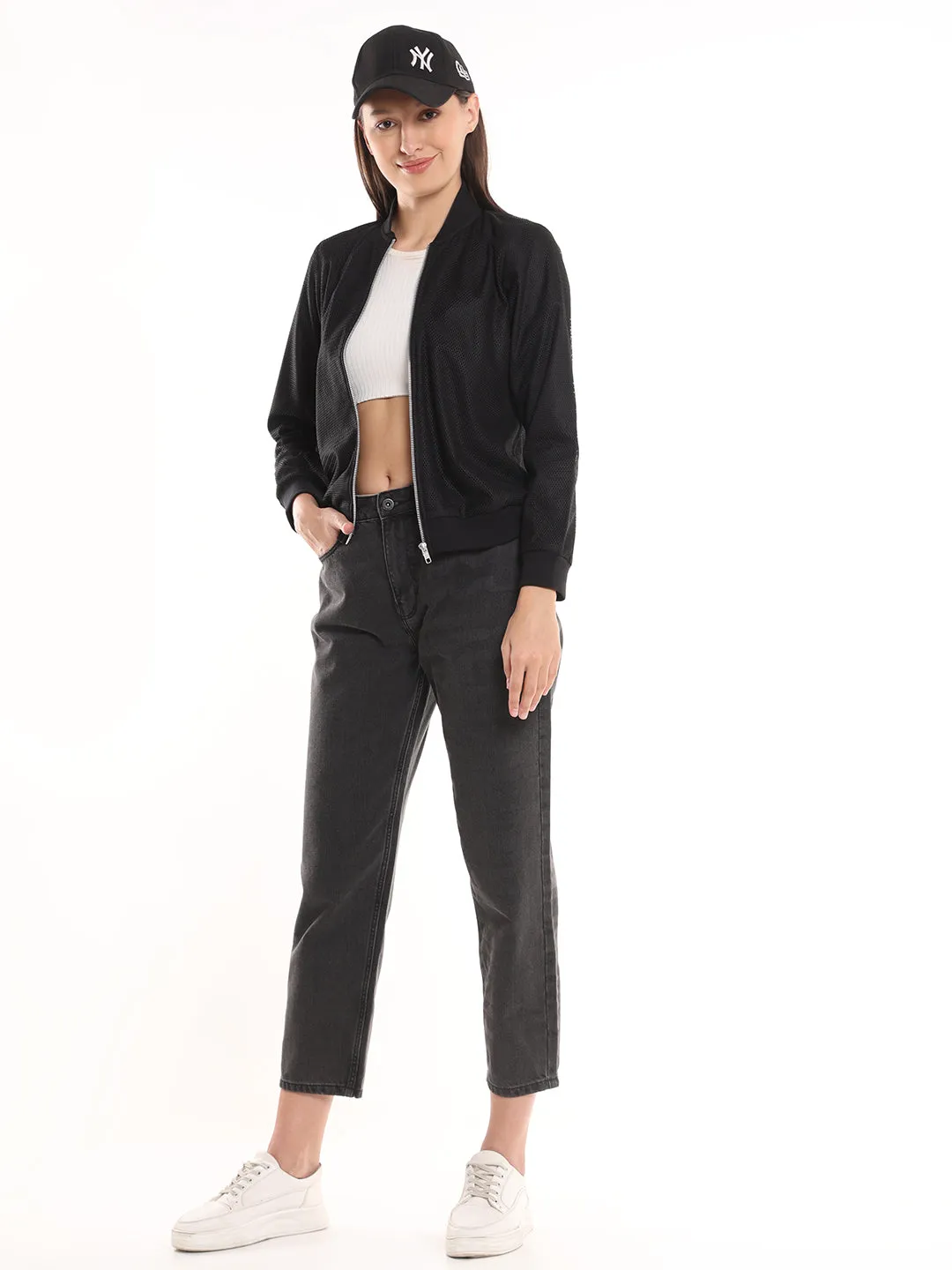 Emryn Black Net Cropped Bomber Jacket