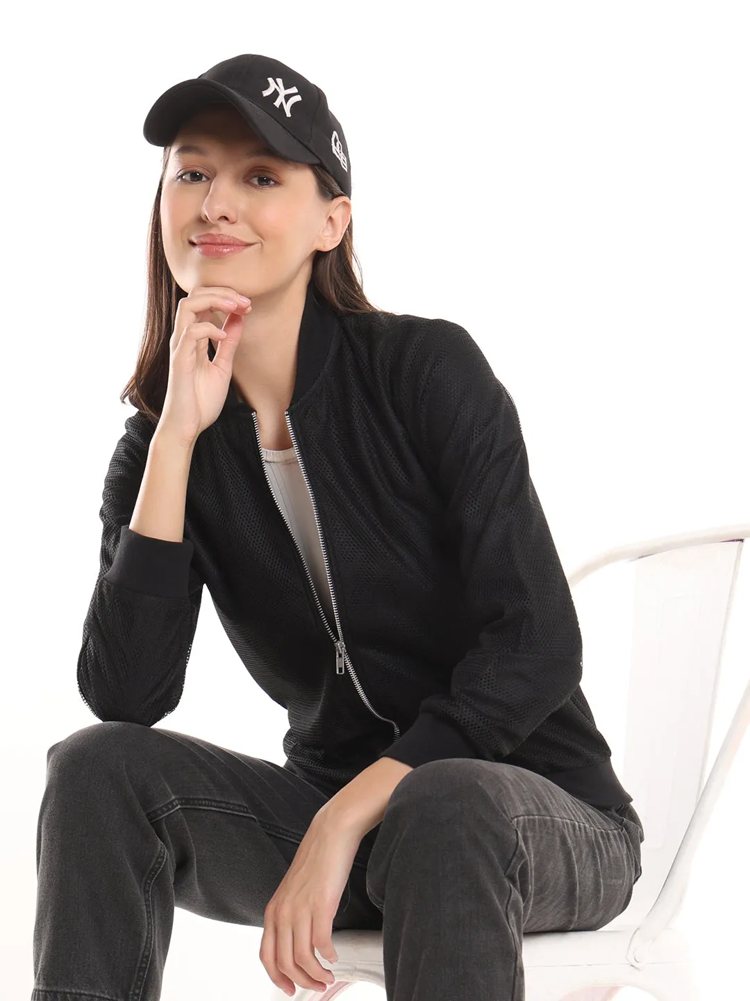 Emryn Black Net Cropped Bomber Jacket