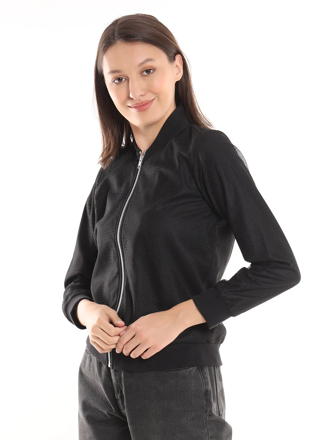 Emryn Black Net Cropped Bomber Jacket