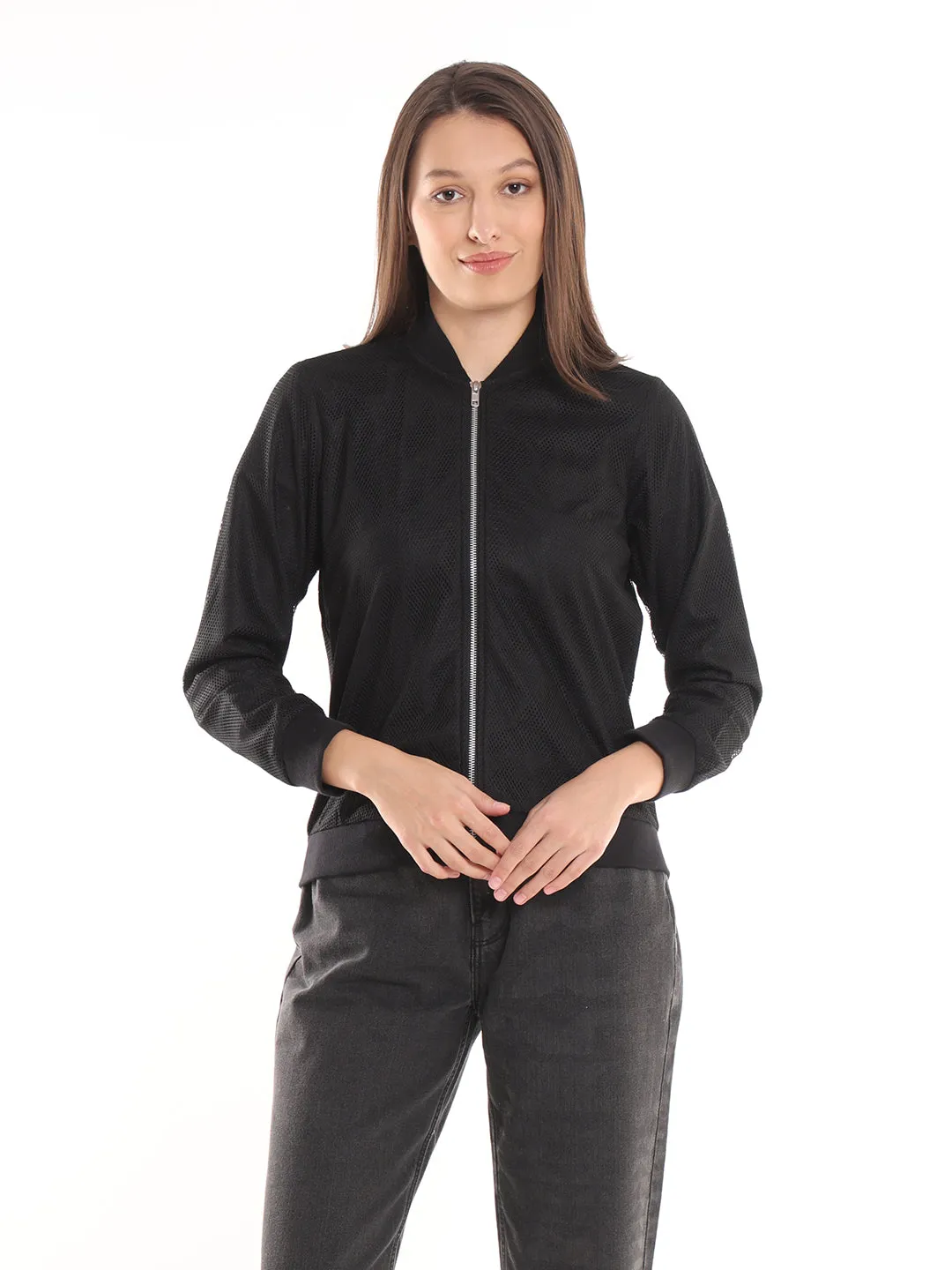 Emryn Black Net Cropped Bomber Jacket