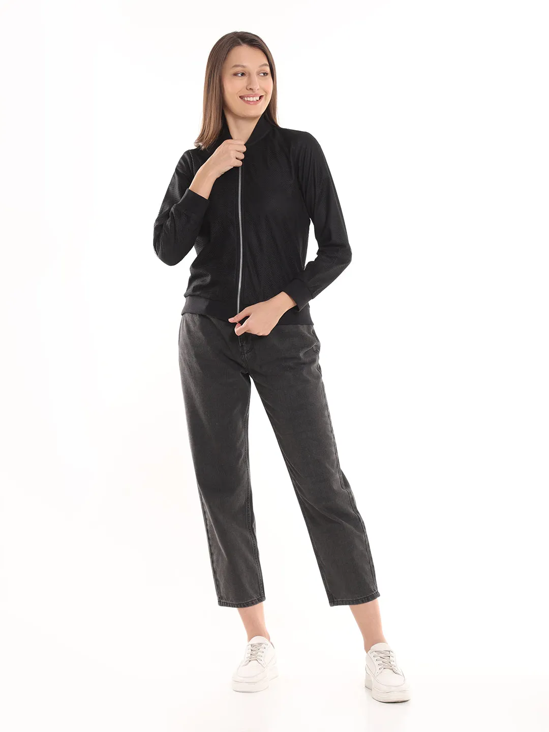 Emryn Black Net Cropped Bomber Jacket